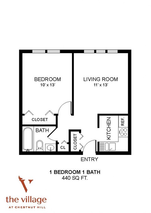Floor plan for 1 bed, 1 bath, 440 sqft